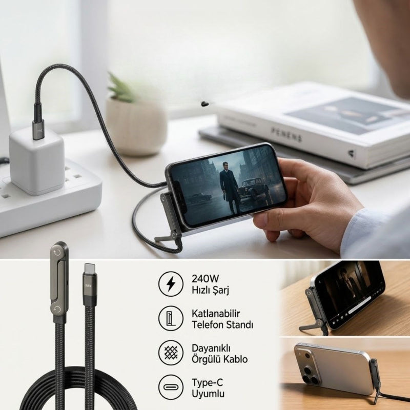 240W Type-C to Type-C Hızlı Şarj Kablosu – Telefon Standlı Örgülü Kablo