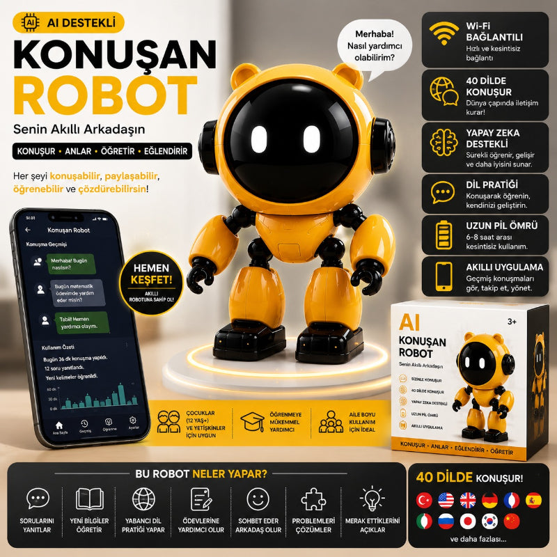 Wi-Fi bağlantılı yapay zeka konuşan robot ve mobil uygulama özellikleri